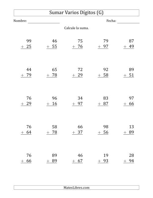 La hoja de ejercicios de Sumas de 2 Dígitos más 2 Dígitos con Acarreo en Todas las Preguntas (G)