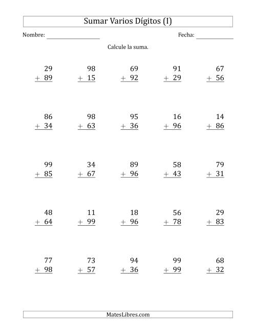 La hoja de ejercicios de Sumas de 2 Dígitos más 2 Dígitos con Acarreo en Todas las Preguntas (I)