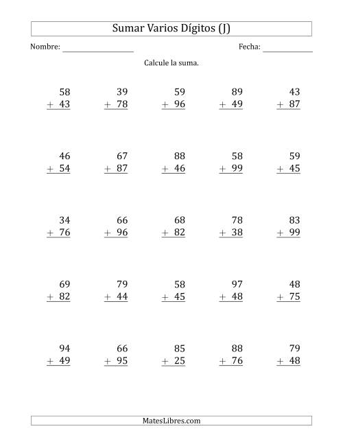 La hoja de ejercicios de Sumas de 2 Dígitos más 2 Dígitos con Acarreo en Todas las Preguntas (J)