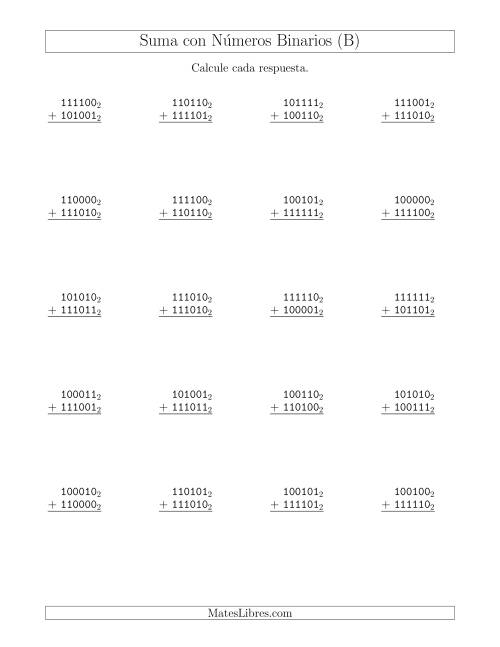 La hoja de ejercicios de Suma con Números Binarios (Base 2) (B)