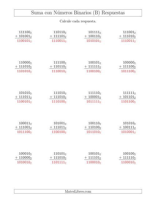La hoja de ejercicios de Suma con Números Binarios (Base 2) (B) Página 2