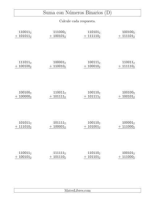 La hoja de ejercicios de Suma con Números Binarios (Base 2) (D)