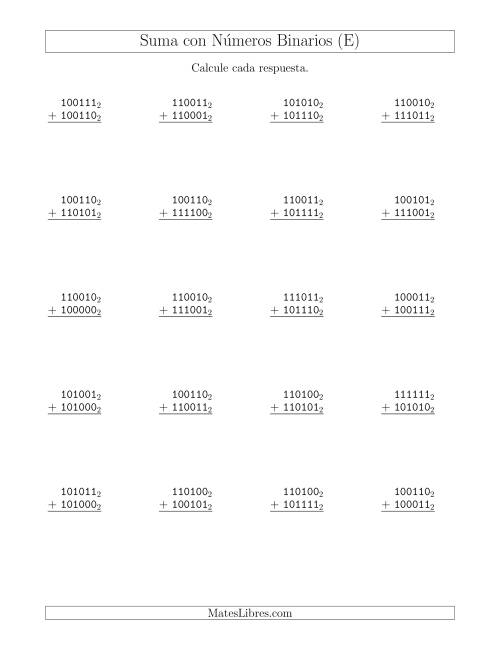 La hoja de ejercicios de Suma con Números Binarios (Base 2) (E)
