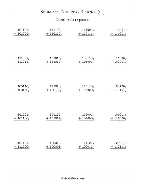 La hoja de ejercicios de Suma con Números Binarios (Base 2) (G)