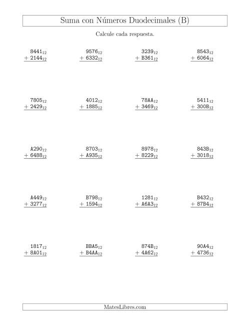 La hoja de ejercicios de Suma con Números Duodecimales (Base 12) (B)