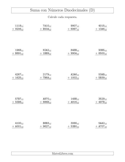 La hoja de ejercicios de Suma con Números Duodecimales (Base 12) (D)
