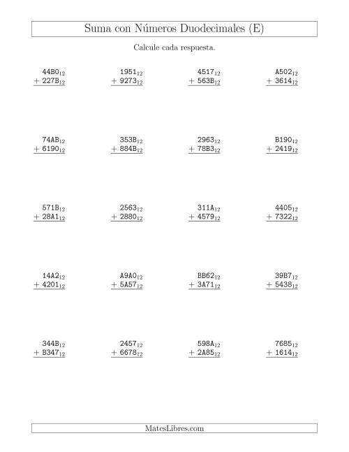 La hoja de ejercicios de Suma con Números Duodecimales (Base 12) (E)