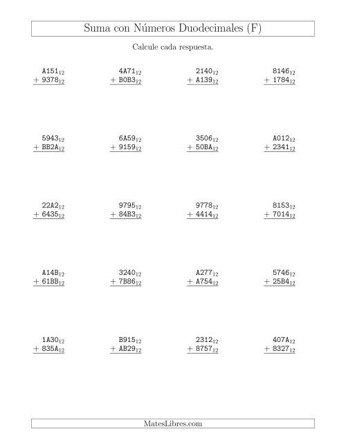 La hoja de ejercicios de Suma con Números Duodecimales (Base 12) (F)