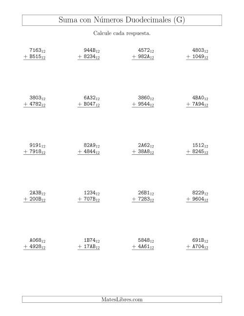 La hoja de ejercicios de Suma con Números Duodecimales (Base 12) (G)