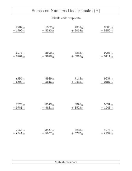 La hoja de ejercicios de Suma con Números Duodecimales (Base 12) (H)