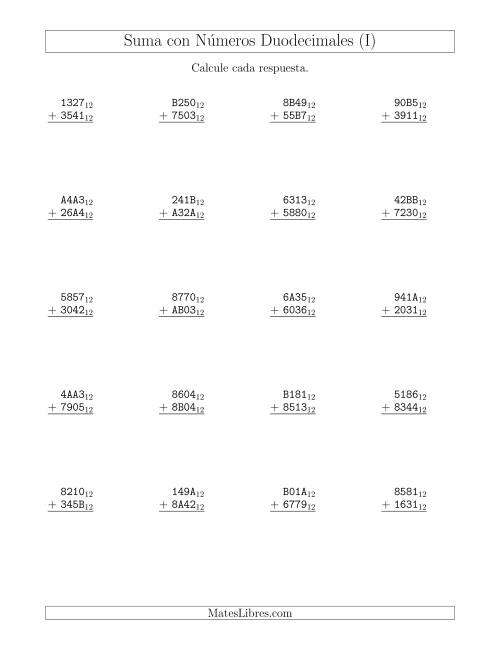 La hoja de ejercicios de Suma con Números Duodecimales (Base 12) (I)