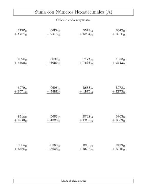 La hoja de ejercicios de Suma con Números Hexadecimales (Base 16) (A)