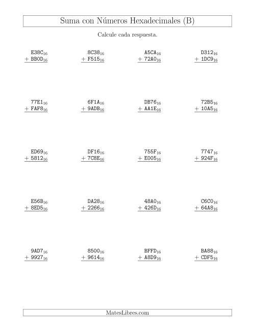 La hoja de ejercicios de Suma con Números Hexadecimales (Base 16) (B)