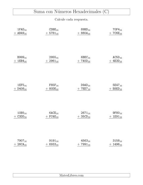 La hoja de ejercicios de Suma con Números Hexadecimales (Base 16) (C)