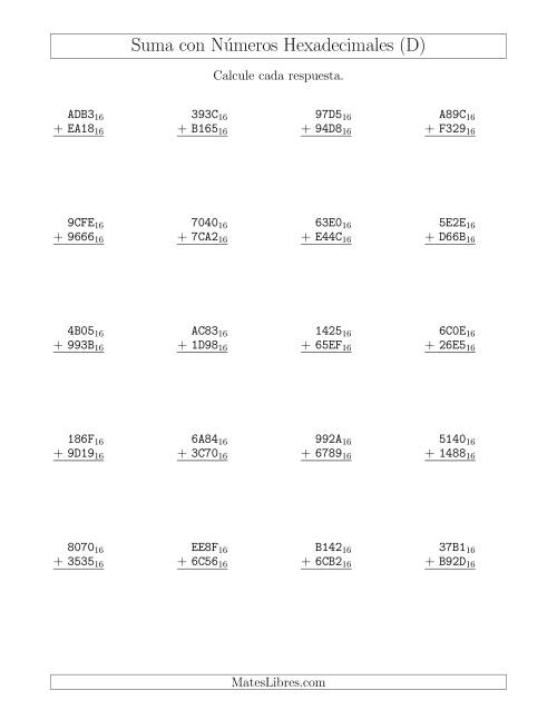 La hoja de ejercicios de Suma con Números Hexadecimales (Base 16) (D)