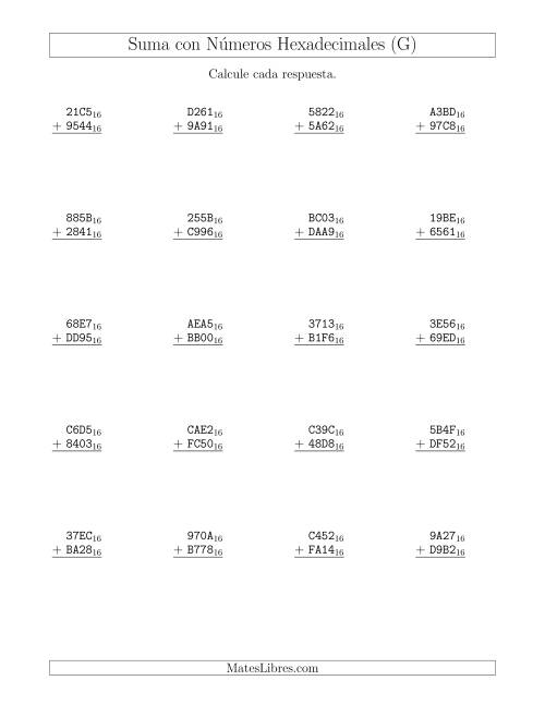 La hoja de ejercicios de Suma con Números Hexadecimales (Base 16) (G)