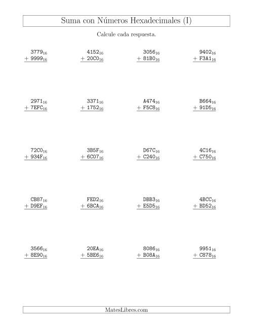 La hoja de ejercicios de Suma con Números Hexadecimales (Base 16) (I)