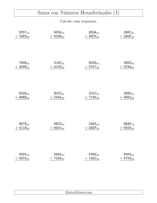 La hoja de ejercicios de Suma con Números Hexadecimales (Base 16) (J)