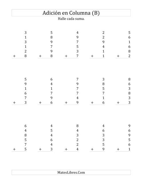 La hoja de ejercicios de Suma en Columna, Seis Números de Un Dígito (B)