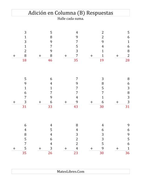 La hoja de ejercicios de Suma en Columna, Seis Números de Un Dígito (B) Página 2
