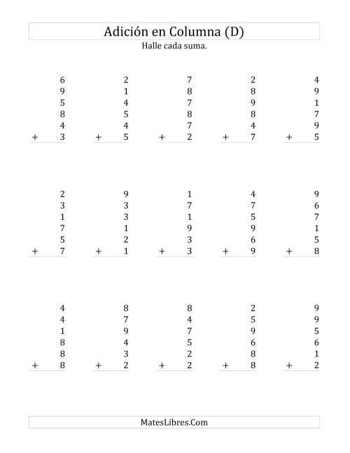 La hoja de ejercicios de Suma en Columna, Seis Números de Un Dígito (D)