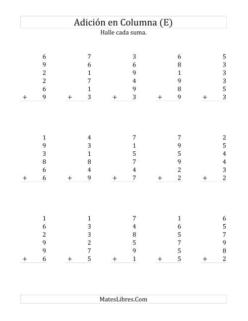 La hoja de ejercicios de Suma en Columna, Seis Números de Un Dígito (E)