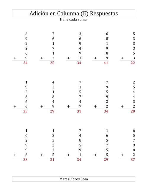 La hoja de ejercicios de Suma en Columna, Seis Números de Un Dígito (E) Página 2
