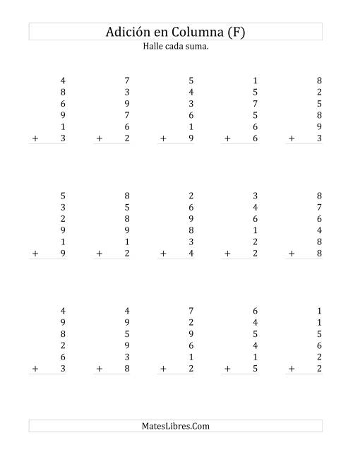 La hoja de ejercicios de Suma en Columna, Seis Números de Un Dígito (F)