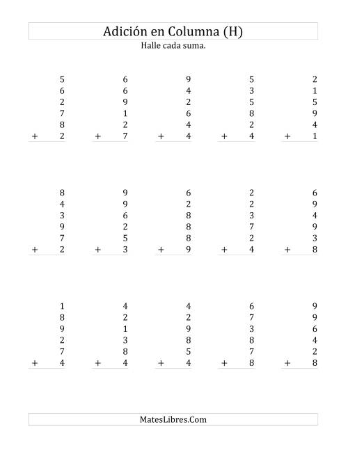 La hoja de ejercicios de Suma en Columna, Seis Números de Un Dígito (H)