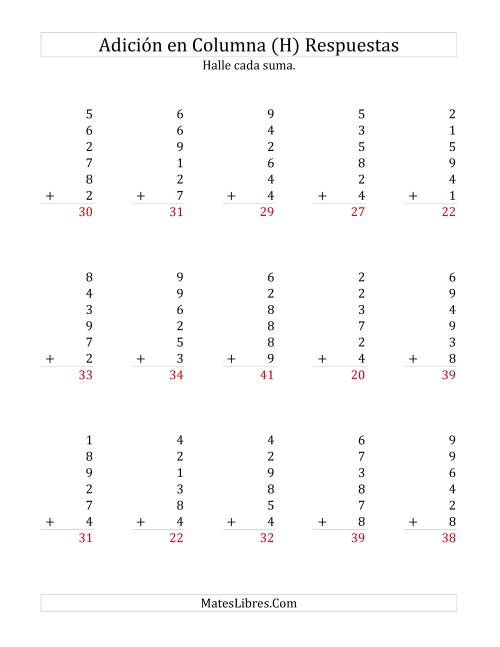 La hoja de ejercicios de Suma en Columna, Seis Números de Un Dígito (H) Página 2