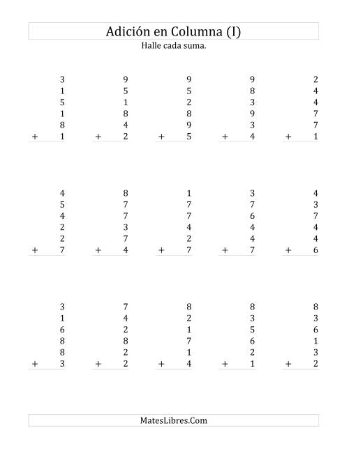La hoja de ejercicios de Suma en Columna, Seis Números de Un Dígito (I)
