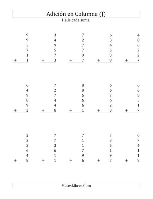 La hoja de ejercicios de Suma en Columna, Seis Números de Un Dígito (J)