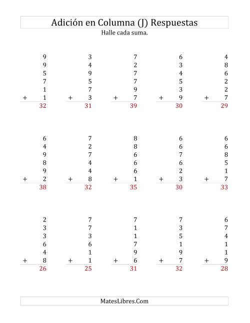 La hoja de ejercicios de Suma en Columna, Seis Números de Un Dígito (J) Página 2