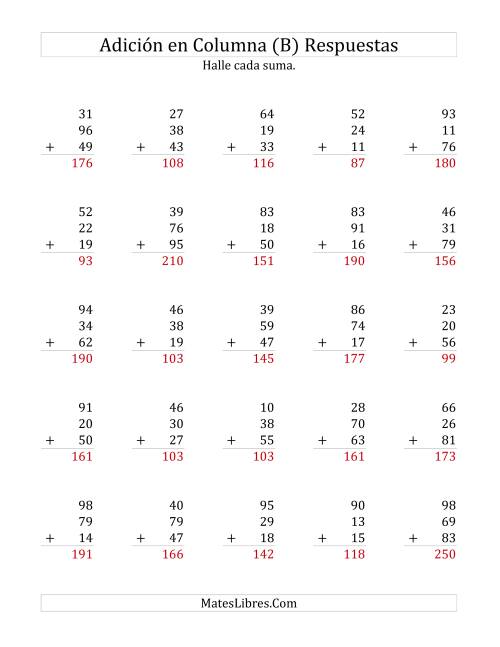 La hoja de ejercicios de Suma en Columna, Tres Números de Dos Dígitos (B) Página 2