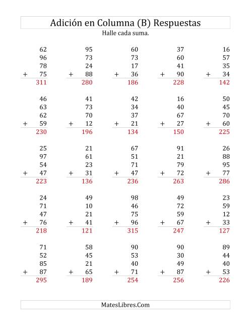 La hoja de ejercicios de Suma en Columna, Cuatro Números de Dos Dígitos (B) Página 2