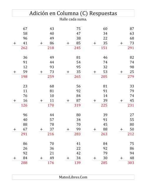 La hoja de ejercicios de Suma en Columna, Cuatro Números de Dos Dígitos (C) Página 2
