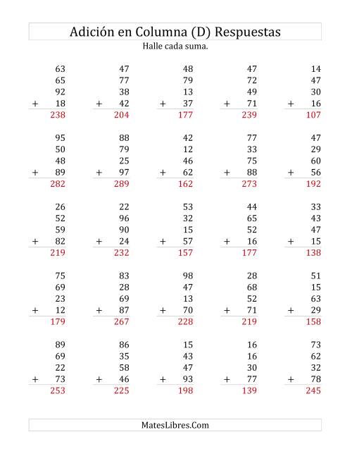 La hoja de ejercicios de Suma en Columna, Cuatro Números de Dos Dígitos (D) Página 2