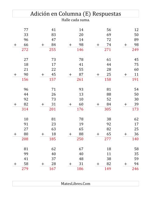 La hoja de ejercicios de Suma en Columna, Cuatro Números de Dos Dígitos (E) Página 2