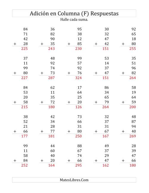 La hoja de ejercicios de Suma en Columna, Cuatro Números de Dos Dígitos (F) Página 2