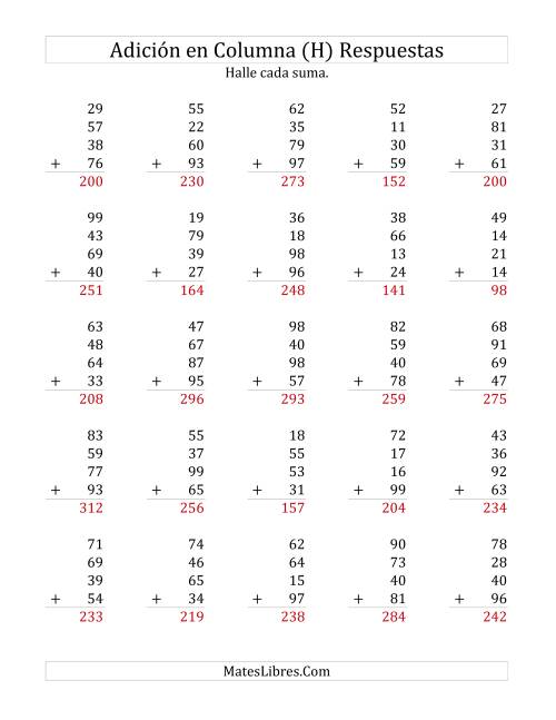 La hoja de ejercicios de Suma en Columna, Cuatro Números de Dos Dígitos (H) Página 2