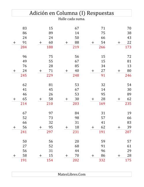 La hoja de ejercicios de Suma en Columna, Cuatro Números de Dos Dígitos (I) Página 2