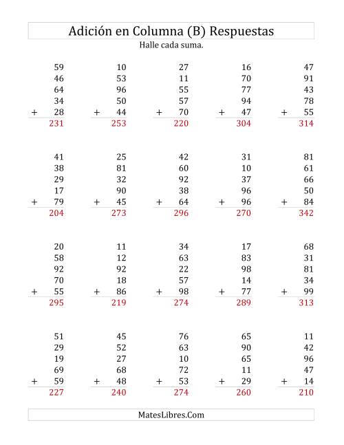 La hoja de ejercicios de Suma en Columna, Cinco Números de Dos Dígitos (B) Página 2