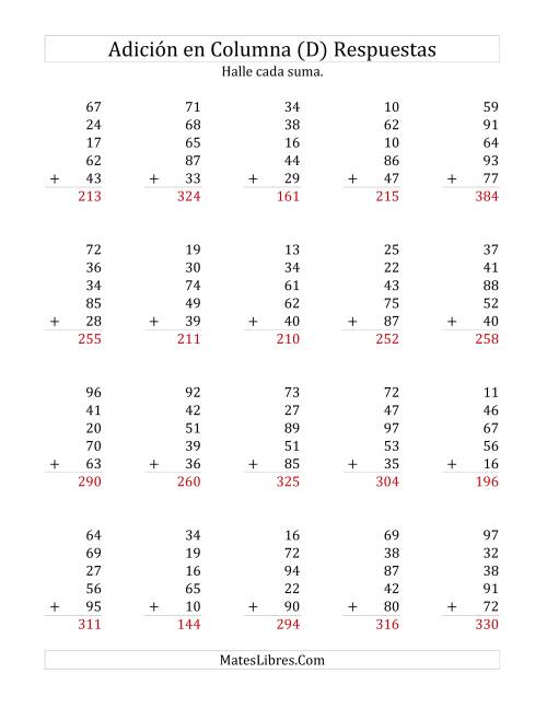 La hoja de ejercicios de Suma en Columna, Cinco Números de Dos Dígitos (D) Página 2