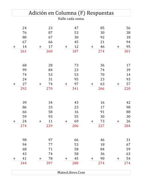 La hoja de ejercicios de Suma en Columna, Cinco Números de Dos Dígitos (F) Página 2