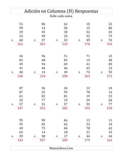 La hoja de ejercicios de Suma en Columna, Cinco Números de Dos Dígitos (H) Página 2