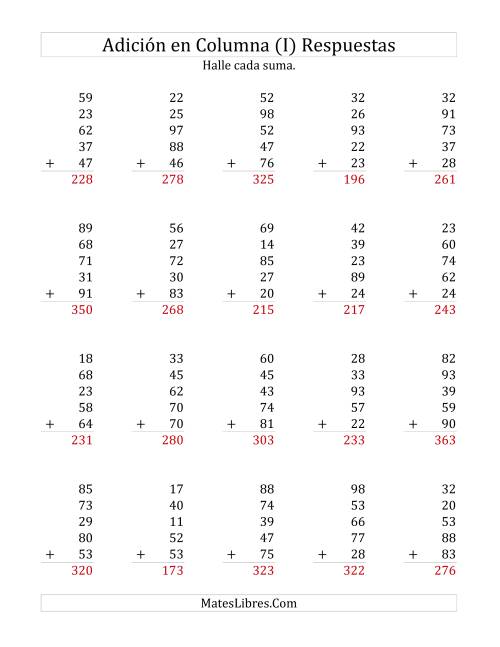 La hoja de ejercicios de Suma en Columna, Cinco Números de Dos Dígitos (I) Página 2