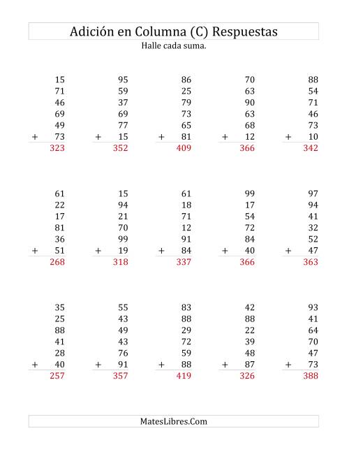 La hoja de ejercicios de Suma en Columna, Seis Números de Dos Dígitos (C) Página 2