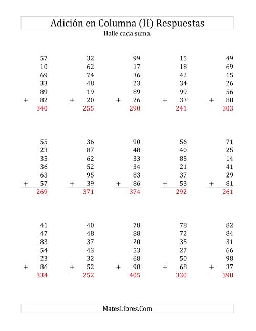 La hoja de ejercicios de Suma en Columna, Seis Números de Dos Dígitos (H) Página 2