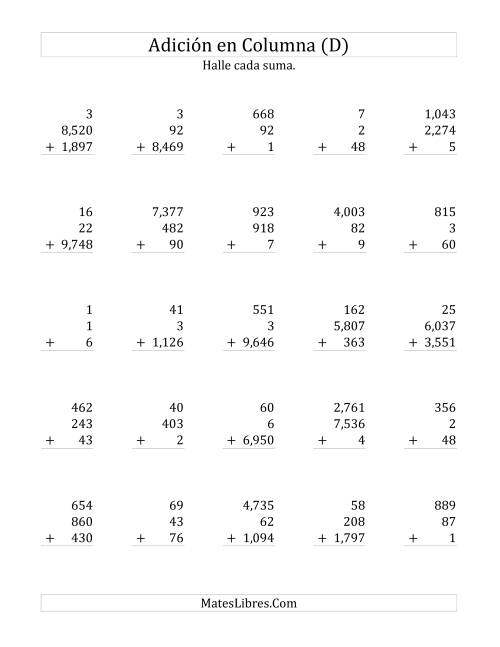 La hoja de ejercicios de Suma en Columna, Tres Números de Varios Dígitos (D)