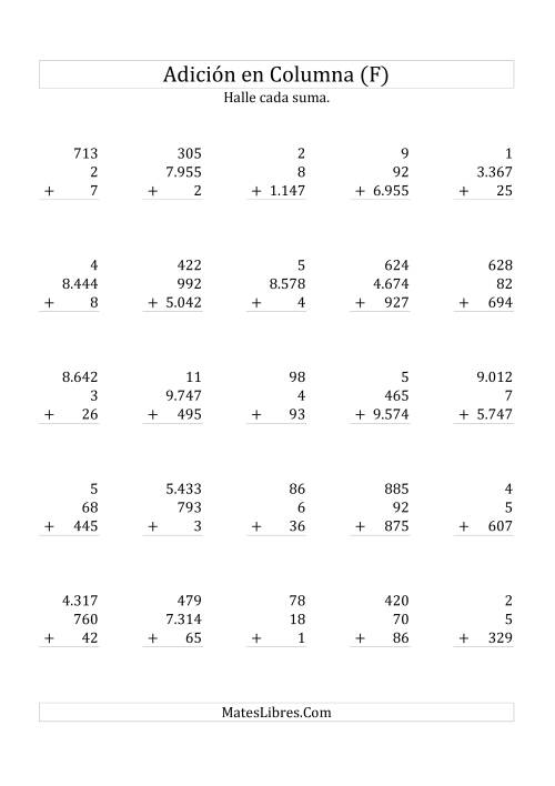 La hoja de ejercicios de Suma en Columna, Tres Números de Varios Dígitos (F)